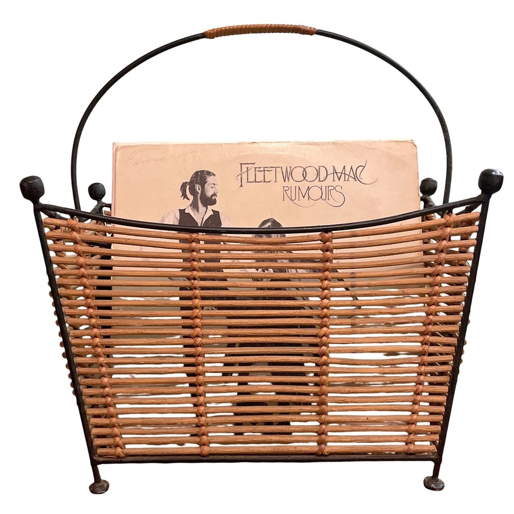 Vtg 70s MCM rattan granny Stand Magazine Rack LP Record Vinyl‎ Holder Display